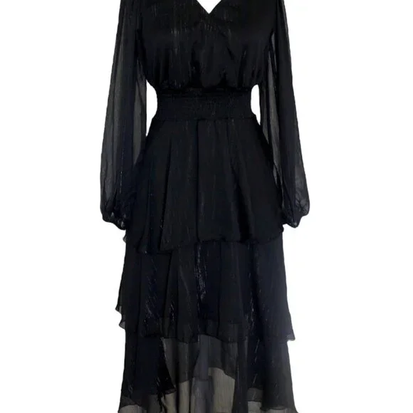 Tulle Tiered Black V Neck Midi Dress - Picture 5 of 6